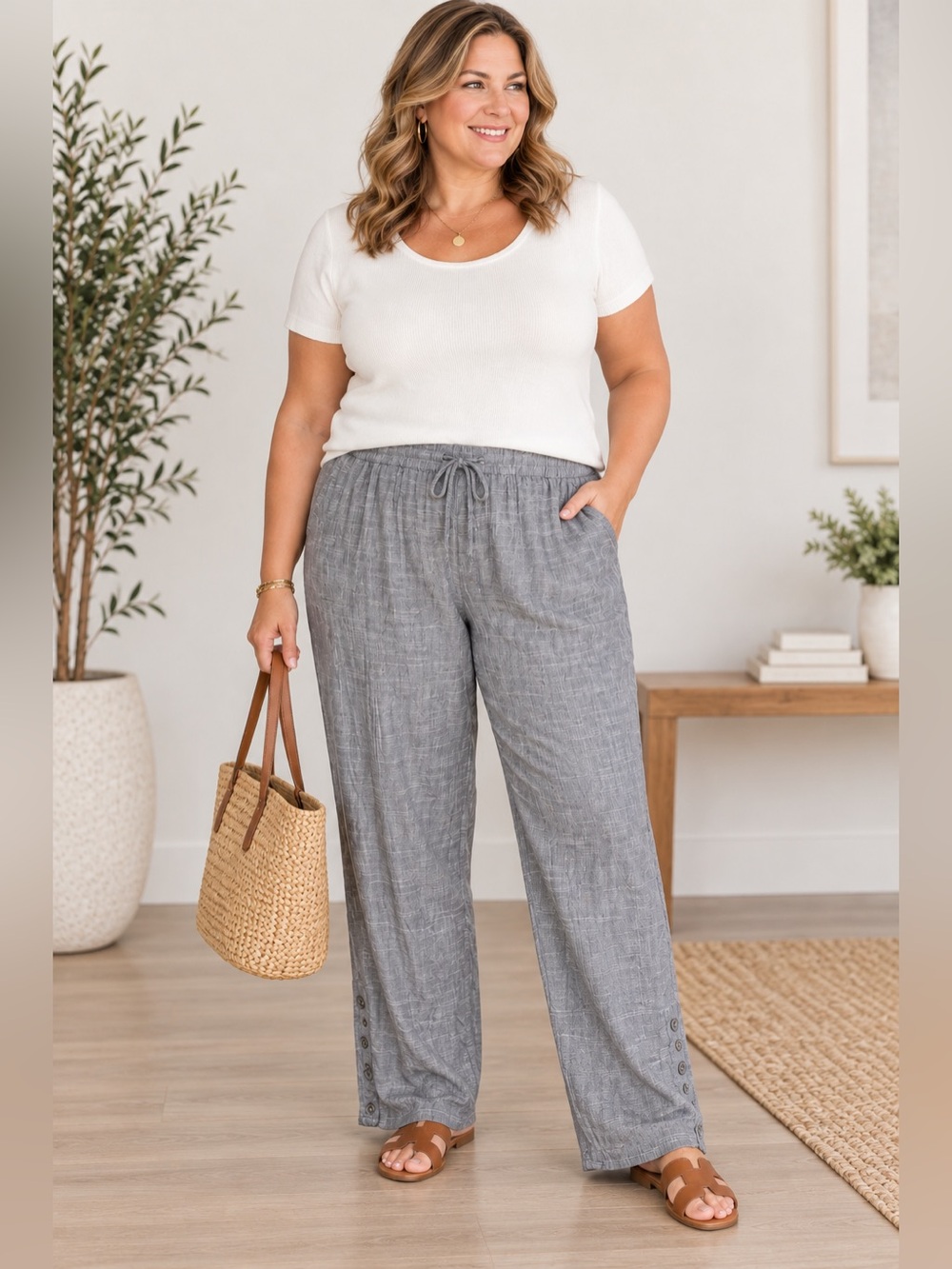 Royalty For Me Linen Blend Pants Women’s 3X Gray Wide Leg Drawstring NWT New